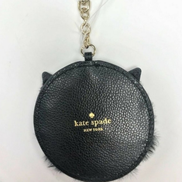 Kate Spade Cat Pouf Keychain Key Fob Blk Leather - Picture 3 of 3